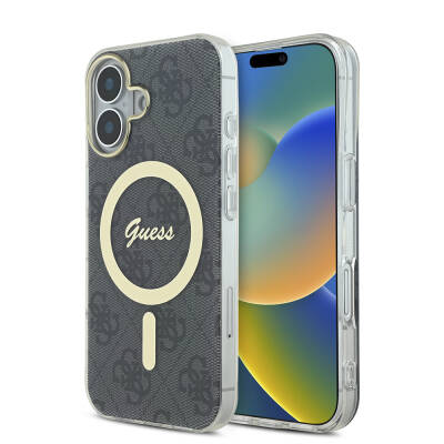 Apple iPhone 16 Plus Case Guess Original Licensed Magsafe Charging Feature 4G Text Logo Patterned Cover Black