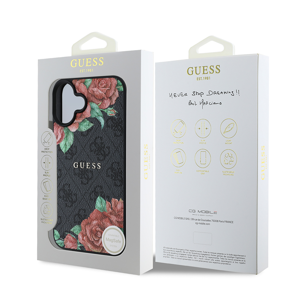 Apple iPhone 16 Plus Case Guess Original Licensed Magsafe Charging Feature Rose Printed 4G Patterned Text Logo Cover - 10