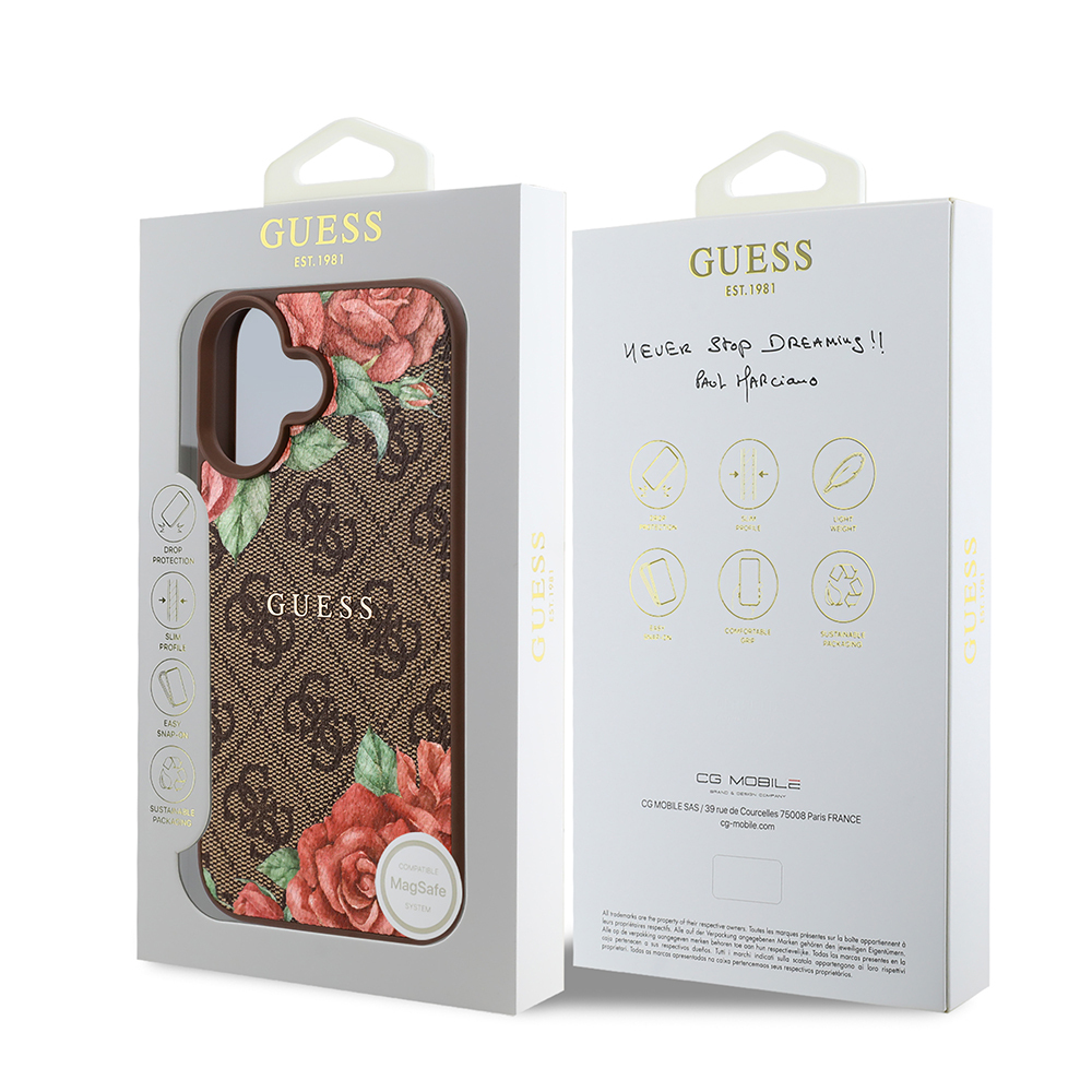 Apple iPhone 16 Plus Case Guess Original Licensed Magsafe Charging Feature Rose Printed 4G Patterned Text Logo Cover - 17