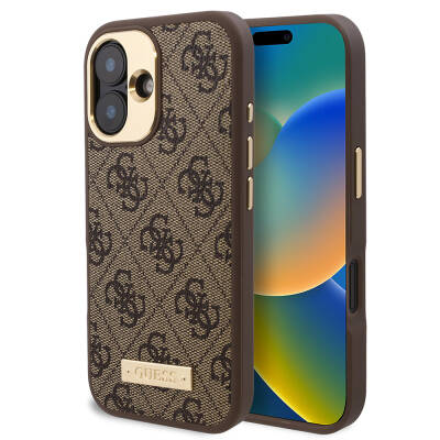 Apple iPhone 16 Plus Case Guess Original Licensed Magsafe Charging Featured 4G Patterned PU Metal Plate Classic Logo Cover Brown