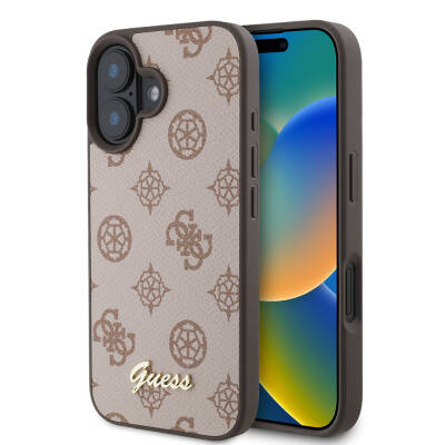 Apple iPhone 16 Plus Case Guess Original Licensed Magsafe Charging Featured Peony Cover Text Logo Brown