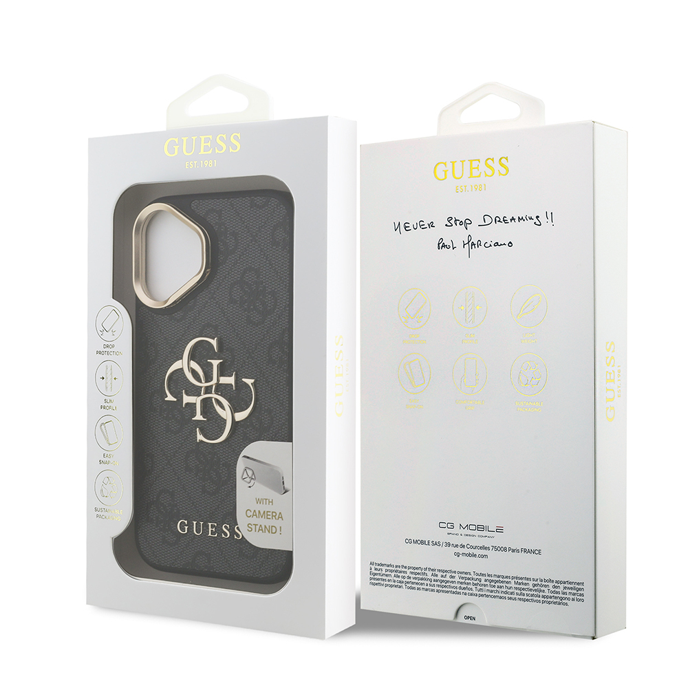 Apple iPhone 16 Plus Case Guess Original Licensed PU Leather 4G Patterned Metal Big 4G and Text Logo Camera Stand Cover - 10