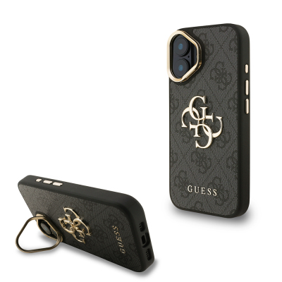Apple iPhone 16 Plus Case Guess Original Licensed PU Leather 4G Patterned Metal Big 4G and Text Logo Camera Stand Cover Black