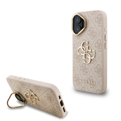 Apple iPhone 16 Plus Case Guess Original Licensed PU Leather 4G Patterned Metal Big 4G and Text Logo Camera Stand Cover Pink