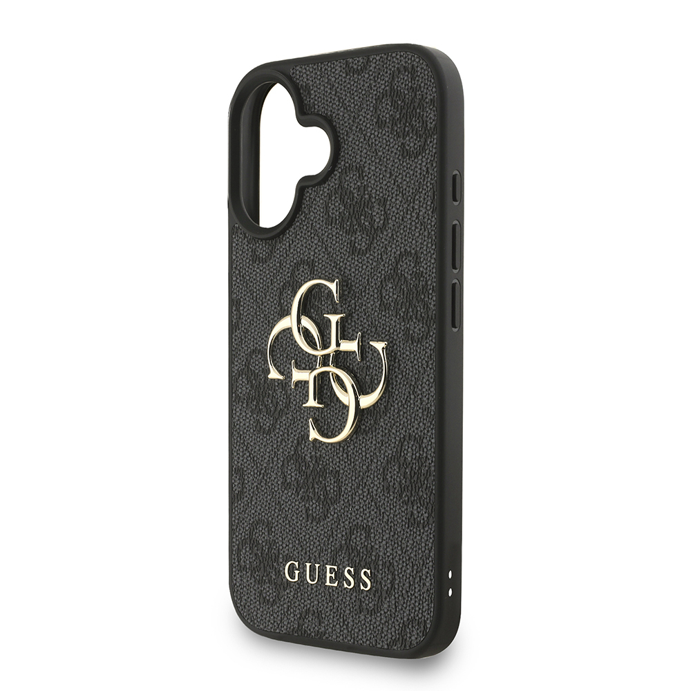 Apple iPhone 16 Plus Case Guess Original Licensed PU Leather Wrist Strap Rope Metal Large 4G and Text Logo Cover - 16