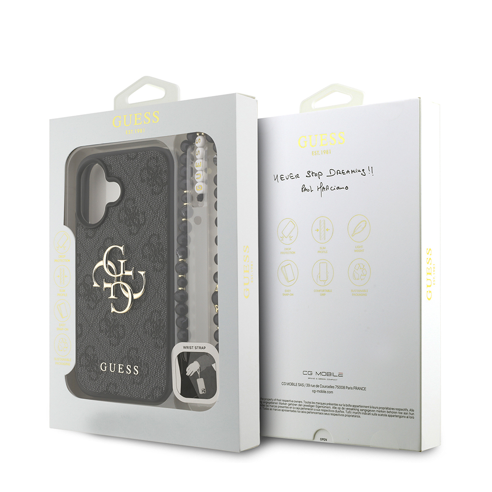 Apple iPhone 16 Plus Case Guess Original Licensed PU Leather Wrist Strap Rope Metal Large 4G and Text Logo Cover - 18