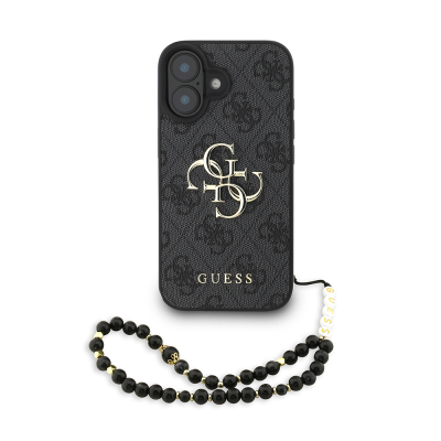 Apple iPhone 16 Plus Case Guess Original Licensed PU Leather Wrist Strap Rope Metal Large 4G and Text Logo Cover Black