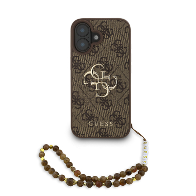 Apple iPhone 16 Plus Case Guess Original Licensed PU Leather Wrist Strap Rope Metal Large 4G and Text Logo Cover Brown