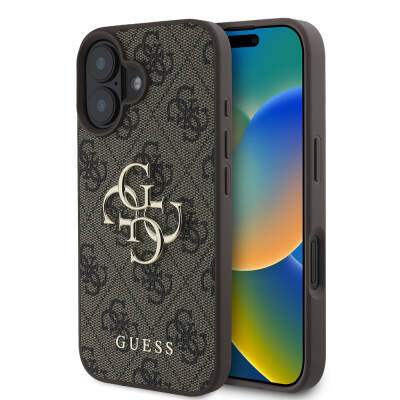 Apple iPhone 16 Plus Case Guess with Large Metal Logo Design PU Leather Cover Brown