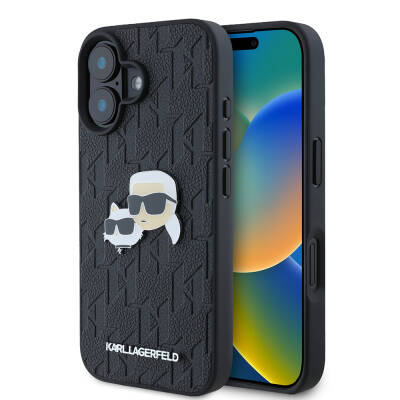 Apple iPhone 16 Plus Case Karl Lagerfeld Original Licensed K&C Heads Monogram Pin Cover Black