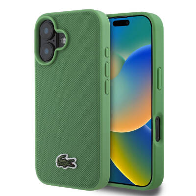 Apple iPhone 16 Plus Case Lacoste Original Licensed PU Pique Pattern Iconic Crocodile Woven Logo Back Surface Cover Green