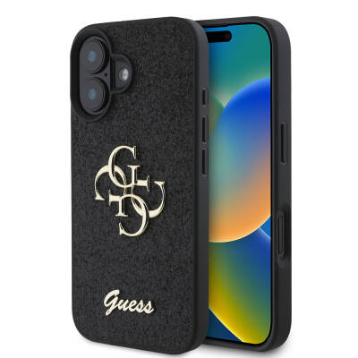 Apple iPhone 16 Plus Case Large Metal Logo Guess Original Licensed 4G Glitter Cover Black