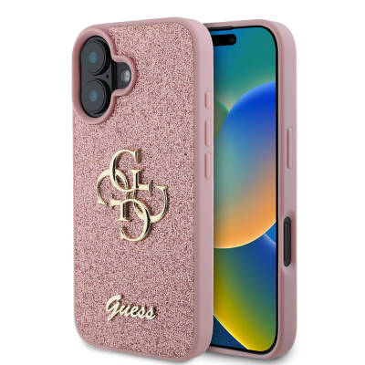 Apple iPhone 16 Plus Case Large Metal Logo Guess Original Licensed 4G Glitter Cover Pink