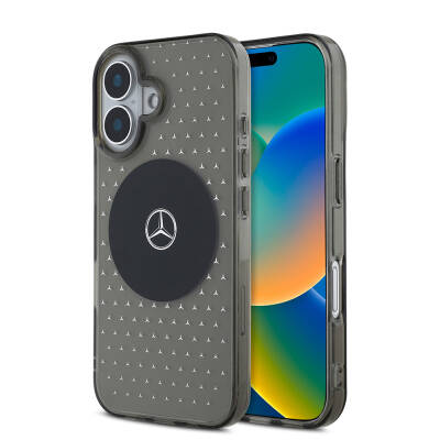 Apple iPhone 16 Plus Case Mercedes Benz Original Licensed Magsafe Charging Feature Star Patterned Transparent Cover Black