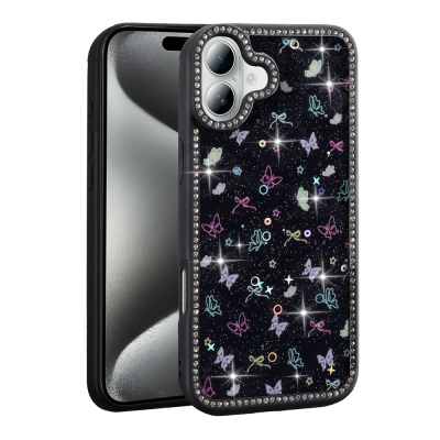 Apple iPhone 16 Plus Case Stone and Glitter Design Zore Azra Cover Black