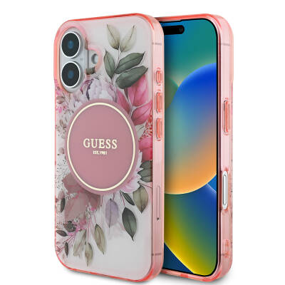 Apple iPhone 16 Plus Guess Original Licensed Magsafe Charging Featured IML Printed Text Logo Flower Tonal Circle Cover Pink