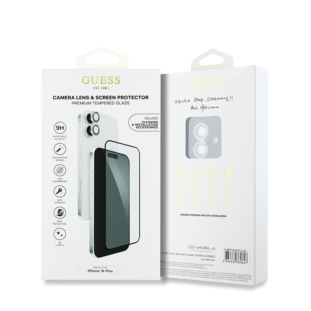 Apple iPhone 16 Plus Guess Original Licensed Rhinestone Screen Protector + Lens Protector 2in1 Accessory Set - 7