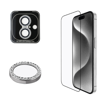 Apple iPhone 16 Plus Guess Original Licensed Rhinestone Screen Protector + Lens Protector 2in1 Accessory Set Silver