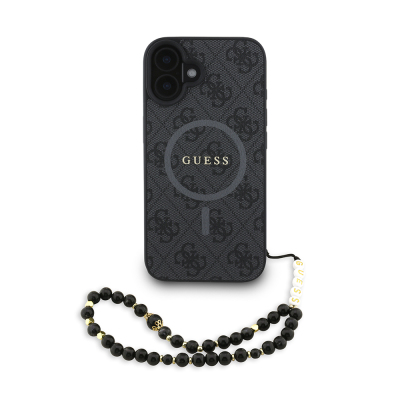 Apple iPhone 16 Plus Kılıf Guess Orjinal Lisanslı M-safe Şarj Özellikli PU Deri Bilek Askı İpli Yazı Logolu Kapak Siyah