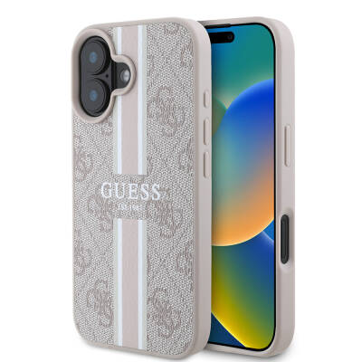 Apple iPhone 16 Plus Kılıf Guess Orjinal Lisanslı Magsafe Şarj Özellikli 4G Şerit Tasarımlı Printed Kapak Pembe