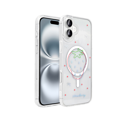 Apple iPhone 16 Plus Kılıf M-Safe Şarj Özellikli Şeffaf Zore Folk Sert Kapak Çilek