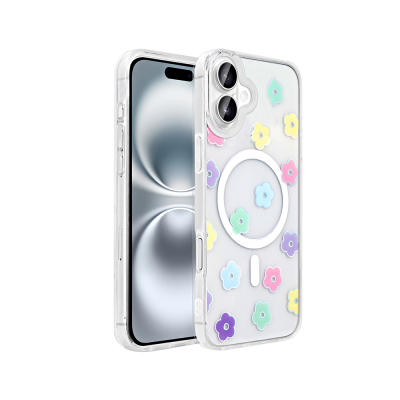 Apple iPhone 16 Plus Kılıf M-Safe Şarj Özellikli Şeffaf Zore Folk Sert Kapak Papatya