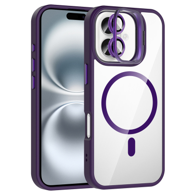 Apple iPhone 16 Plus Kılıf Standlı ve Kamera Lens Hediyeli M-Safe Şarj Özellikli Zore Etro Kapak Derin Mor