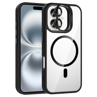 Apple iPhone 16 Plus Kılıf Standlı ve Kamera Lens Hediyeli M-Safe Şarj Özellikli Zore Etro Kapak Siyah