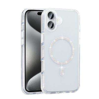 Apple iPhone 16 Plus Kılıf Taşlı Tasarım M-safe Şarj Özellikli Zore Koment Silikon Kapak Gümüş