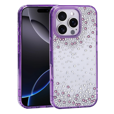 Apple iPhone 16 Pro Case Airbag Design Drop Stone Embellished Transparent Zore Pera Silicone Cover Purple