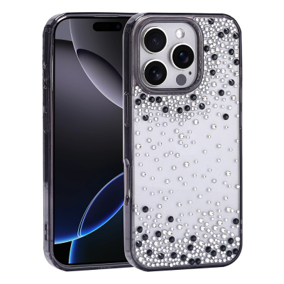 Apple iPhone 16 Pro Case Airbag Design Drop Stone Embellished Transparent Zore Pera Silicone Cover Black