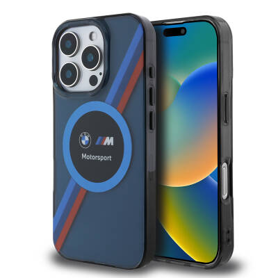 Apple iPhone 16 Pro Case BMW Original Licensed Magsafe Charging Featured M Logo Three Color Striped Motorsport Circle Cover Navy blue