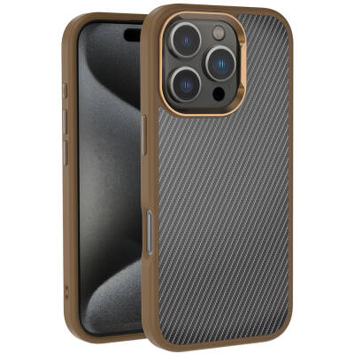 Apple iPhone 16 Pro Case Carbon Fiber Appearance Glossy Camera Frame Zore Venus Cover Rose Brown