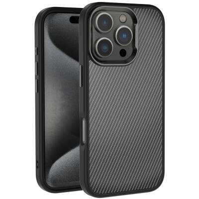 Apple iPhone 16 Pro Case Carbon Fiber Appearance Glossy Camera Frame Zore Venus Cover Black