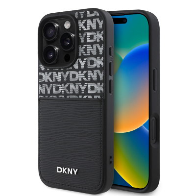 Apple iPhone 16 Pro Case DKNY Original Licensed Card Holder 3D Written Repeat Texture Pattern Cover Black