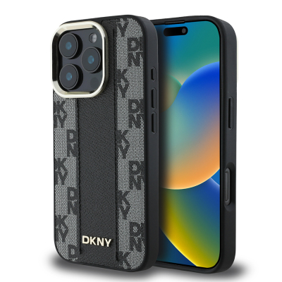 Apple iPhone 16 Pro Case DKNY Original Licensed Magsafe Charging Feature 3D Printed Checkered Pattern Cover Black