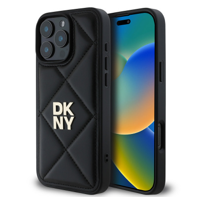 Apple iPhone 16 Pro Case DKNY Original Licensed Quilted Design Metal Logo Leather Cover Black