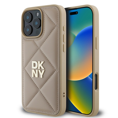 Apple iPhone 16 Pro Case DKNY Original Licensed Quilted Design Metal Logo Leather Cover Bej