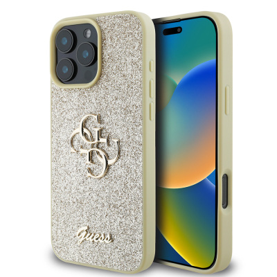 Apple iPhone 16 Pro Case Guess Original Licensed Large Metal Logo 4G Glitter Cover Gold