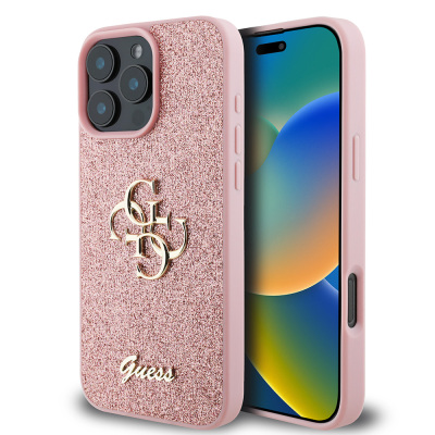 Apple iPhone 16 Pro Case Guess Original Licensed Large Metal Logo 4G Glitter Cover Pink