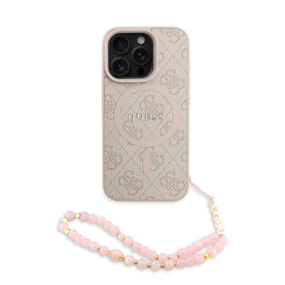 Apple iPhone 16 Pro Case Guess Original Licensed M-safe Charging Feature PU Leather Wrist Strap Rope Cover Text Logo Pink