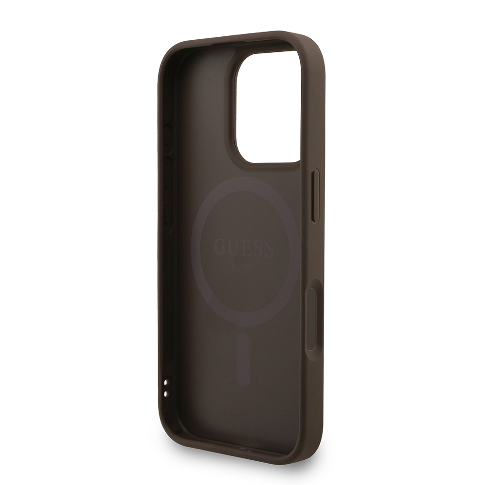 Apple iPhone 16 Pro Case Guess Original Licensed M-safe Charging Feature PU Leather Wrist Strap Rope Cover Text Logo - 16