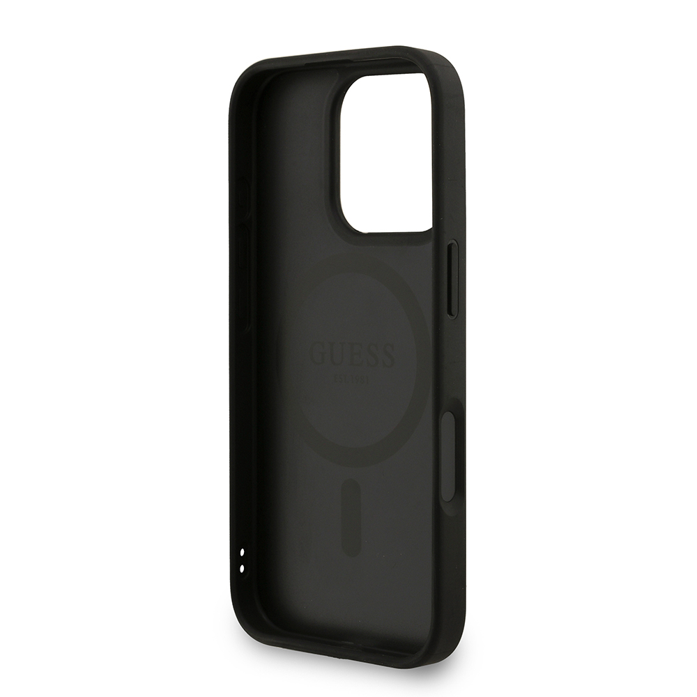 Apple iPhone 16 Pro Case Guess Original Licensed M-safe Charging Feature PU Leather Wrist Strap Rope Cover Text Logo - 24