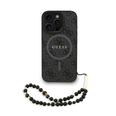 Apple iPhone 16 Pro Case Guess Original Licensed M-safe Charging Feature PU Leather Wrist Strap Rope Cover Text Logo Black
