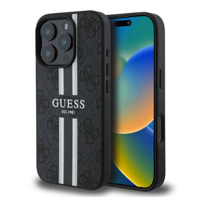 Apple iPhone 16 Pro Case Guess Original Licensed Magsafe Charging Feature 4G Stripe Design Printed Cover Black