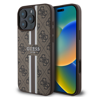 Apple iPhone 16 Pro Case Guess Original Licensed Magsafe Charging Feature 4G Stripe Design Printed Cover Brown