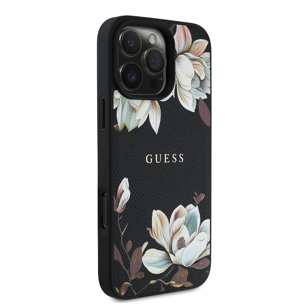 Apple iPhone 16 Pro Case Guess Original Licensed Magsafe Charging Feature Grained Flower Design Metal Text Logo Cover - 5