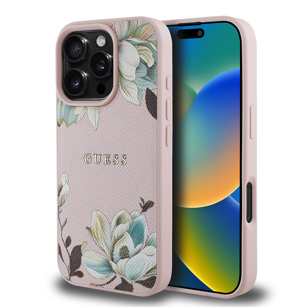 Apple iPhone 16 Pro Case Guess Original Licensed Magsafe Charging Feature Grained Flower Design Metal Text Logo Cover - 16