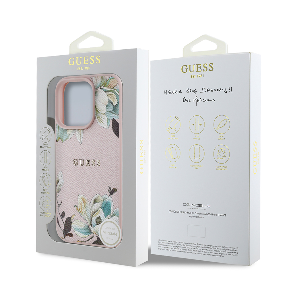 Apple iPhone 16 Pro Case Guess Original Licensed Magsafe Charging Feature Grained Flower Design Metal Text Logo Cover - 18