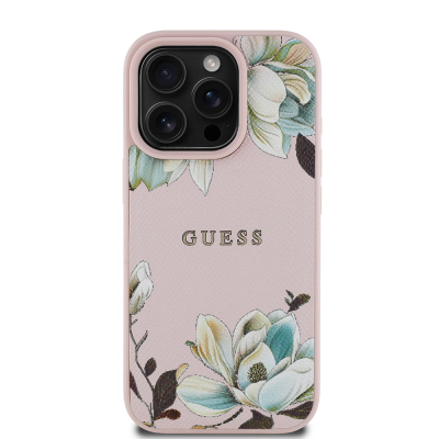 Apple iPhone 16 Pro Case Guess Original Licensed Magsafe Charging Feature Grained Flower Design Metal Text Logo Cover Pink